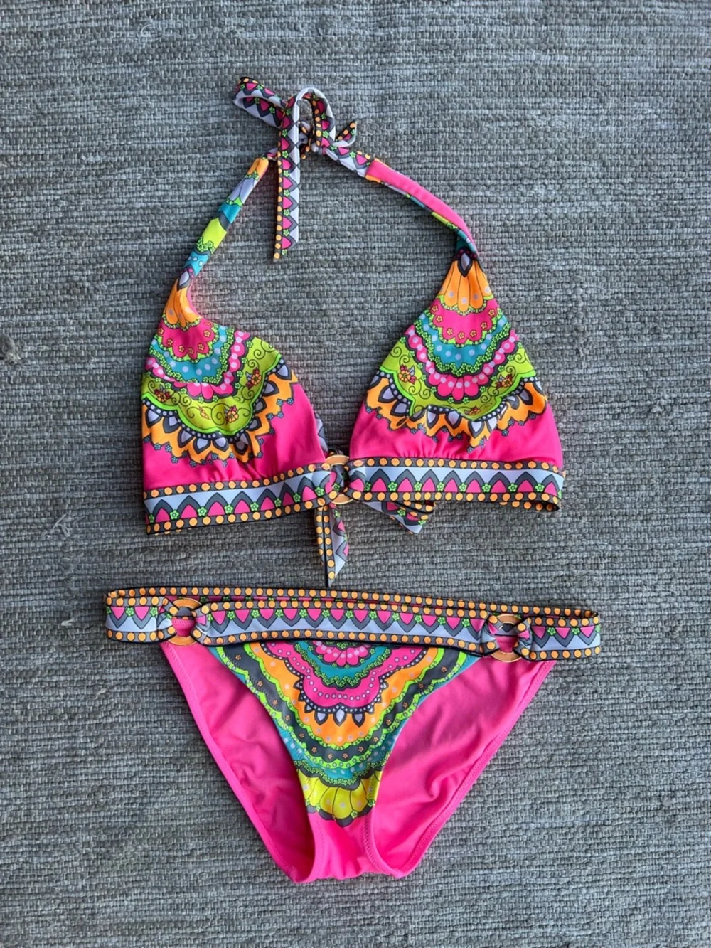 Vintage Y2K Victoria's Secret Neon Pink Multicolor Mandala Boho Bikini Set S/L - Picture 10 of 11